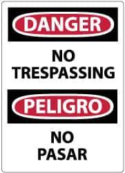 NMC - Security & Admittance Label, Header: DANGER - Legend: Danger - No Trespassing, English & Spanish, Black, Red & White, 3" Long x 5" High, Sign Muscle Finish - Industrial Tool & Supply
