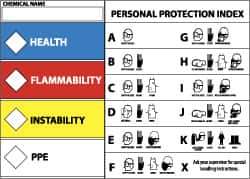 NMC - Hazardous Materials Label - Legend: Health - Flammability - Instability - PPE, English, Blue, Red, Yellow & White, 5" Long x 3" High, Sign Muscle Finish - Industrial Tool & Supply