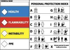 NMC - Hazardous Materials Label - Legend: Health - Flammability - Instability - PPE, English, Blue, Red, Yellow & White, 5" Long x 3" High, Sign Muscle Finish - Industrial Tool & Supply