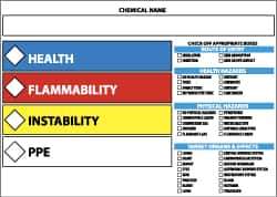 NMC - Hazardous Materials Label - Legend: Health - Flammability - Instability - PPE, English, Blue, Red, Yellow & White, 5" Long x 3" High, Sign Muscle Finish - Industrial Tool & Supply