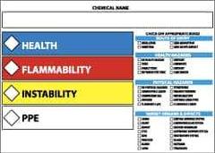 NMC - Hazardous Materials Label - Legend: Health - Flammability - Instability - PPE, English, Blue, Red, Yellow & White, 5" Long x 3" High, Sign Muscle Finish - Industrial Tool & Supply