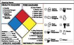 NMC - Hazardous Materials Label - Legend: Chemical Name, English, Black, Blue, Red, Yellow & White, 5" Long x 3" High, Sign Muscle Finish - Industrial Tool & Supply