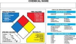 NMC - Hazardous Materials Label - Legend: Chemical Name, English, Black, Blue, Red, Yellow & White, 5" Long x 3" High, Sign Muscle Finish - Industrial Tool & Supply