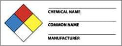 NMC - Hazardous Materials Label - Legend: Chemical Name ___ - Common Name ___ - Manufacturer ___, English, Black, Blue, Red, Yellow & White, 4" Long x 1-1/2" High, Sign Muscle Finish - Industrial Tool & Supply