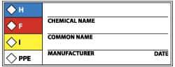 NMC - Hazardous Materials Label - Legend: H - F - I - PPE - Chemical Name ___ Common Name ___ Manufacturer ___ Date ___, English, Black, Blue, Red, Yellow & White, 4" Long x 1-1/2" High, Sign Muscle Finish - Industrial Tool & Supply