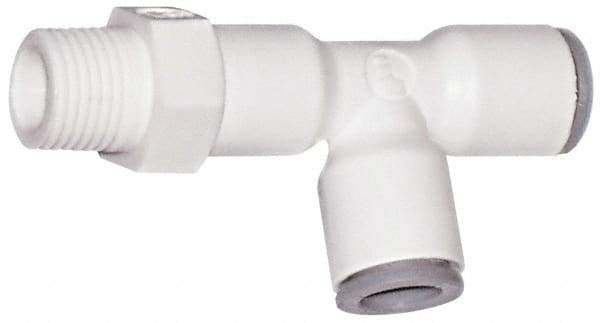Parker - 3/8" OD, 1/4 NPTF, Bio-Sourced Nylon 11 Push-to-Connect Male Swivel Run Tee - 190 Max psi, White - Industrial Tool & Supply