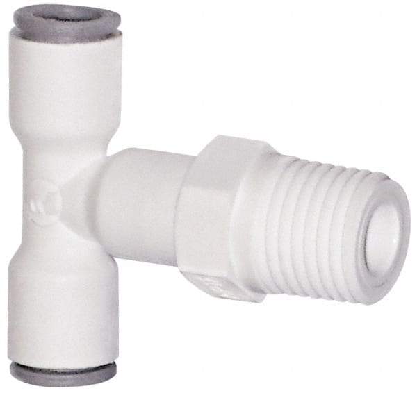 Parker - 1/4" OD, 1/4 NPTF, Bio-Sourced Nylon 11 Push-to-Connect Male Swivel Branch Tee - 230 Max psi, White - Industrial Tool & Supply