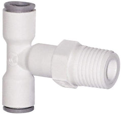 Parker - 1/4" OD, 1/4 NPTF, Bio-Sourced Nylon 11 Push-to-Connect Male Swivel Branch Tee - 230 Max psi, White - Industrial Tool & Supply