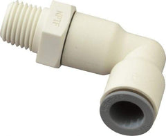 Parker - 3/8" OD, 1/4 NPTF, Bio-Sourced Nylon 11 Push-to-Connect Male Swivel Elbow - 190 Max psi, White - Industrial Tool & Supply