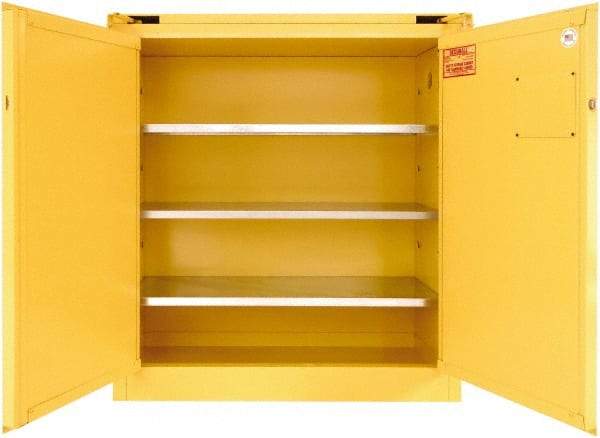 Securall Cabinets - 2 Door, 3 Shelf, Yellow Steel Standard Safety Cabinet for Flammable and Combustible Liquids - 46" High x 43" Wide x 18" Deep, Self Closing Door, 3 Point Key Lock, 40 Gal Capacity - Industrial Tool & Supply