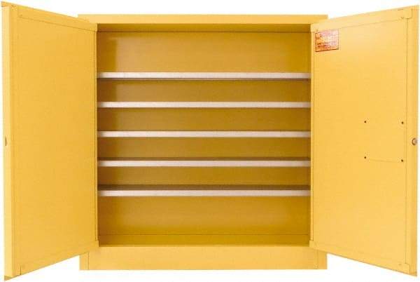 Securall Cabinets - 2 Door, 5 Shelf, Yellow Steel Wall Mount Safety Cabinet for Flammable and Combustible Liquids - 44" High x 43" Wide x 12" Deep, Manual Closing Door, 3 Point Key Lock, 24 Gal Capacity - Industrial Tool & Supply