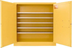 Securall Cabinets - 2 Door, 5 Shelf, Yellow Steel Wall Mount Safety Cabinet for Flammable and Combustible Liquids - 44" High x 43" Wide x 12" Deep, Manual Closing Door, 3 Point Key Lock, 24 Gal Capacity - Industrial Tool & Supply