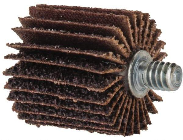 Merit Abrasives - 1" Diam x 1" Face Width, Coarse Aluminum Oxide Coated Mounted Flap Wheel - 1/4-20 Threaded Mount, 40 Grit, Cloth Backing, 30,000 Max RPM - Industrial Tool & Supply