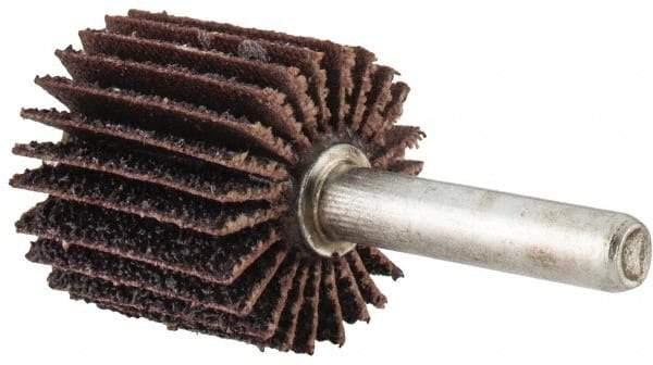 Merit Abrasives - 1" Diam x 1" Face Width, Coarse Aluminum Oxide Coated Mounted Flap Wheel - 1/4" Shank Mount, 40 Grit, Cloth Backing, 30,000 Max RPM - Industrial Tool & Supply