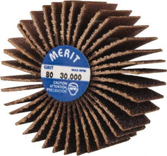 Merit Abrasives - 1-3/8" Diam x 5/8" Face Width, Medium Aluminum Oxide Coated Mounted Flap Wheel - 1/4-20 Threaded Mount, 80 Grit, Cloth Backing, 30,000 Max RPM - Industrial Tool & Supply