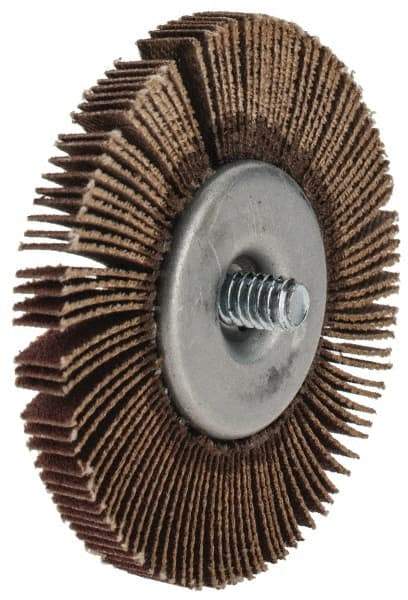 Merit Abrasives - 2-1/2" Diam x 1/4" Face Width, Fine Aluminum Oxide Coated Mounted Flap Wheel - 1/4-20 Threaded Mount, 120 Grit, Cloth Backing, 25,000 Max RPM - Industrial Tool & Supply
