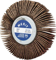 Merit Abrasives - 2-1/2" Diam x 1/2" Face Width, Medium Aluminum Oxide Coated Mounted Flap Wheel - 1/4-20 Threaded Mount, 60 Grit, Cloth Backing, 20,000 Max RPM - Industrial Tool & Supply
