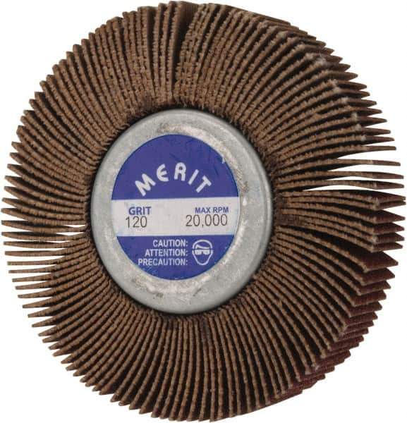 Merit Abrasives - 2-1/2" Diam x 1/2" Face Width, Fine Aluminum Oxide Coated Mounted Flap Wheel - 1/4-20 Threaded Mount, 120 Grit, Cloth Backing, 20,000 Max RPM - Industrial Tool & Supply
