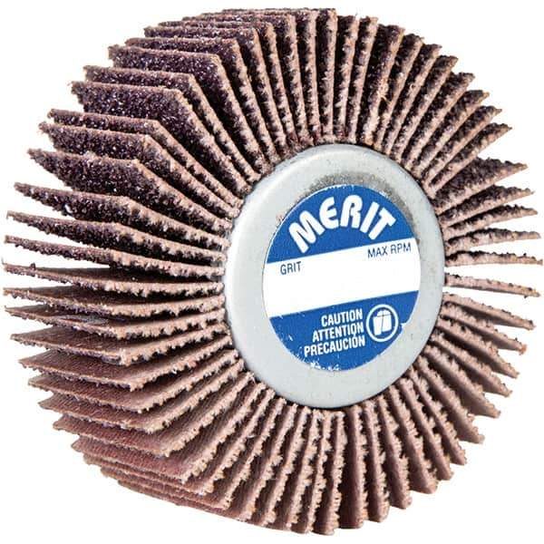 Merit Abrasives - 3" Diam x 3/4" Face Width, Medium Aluminum Oxide Coated Mounted Flap Wheel - 1/4-20 Threaded Mount, 80 Grit, Cloth Backing, 20,000 Max RPM - Industrial Tool & Supply