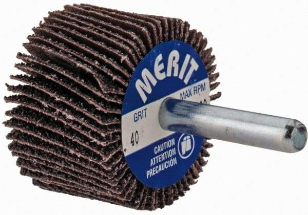 Merit Abrasives - 1-1/2" Diam x 1" Face Width, Coarse Aluminum Oxide Coated Mounted Flap Wheel - 1/4" Shank Mount, 40 Grit, Cloth Backing, 25,000 Max RPM - Industrial Tool & Supply