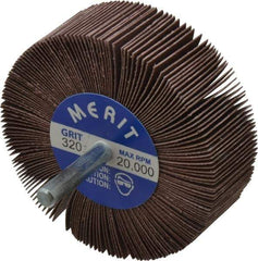 Merit Abrasives - 3" Diam x 1" Face Width, Extra Fine Ceramic Alumina Coated Mounted Flap Wheel - 1/4" Shank Mount, 320 Grit, Cloth Backing, 20,000 Max RPM - Industrial Tool & Supply