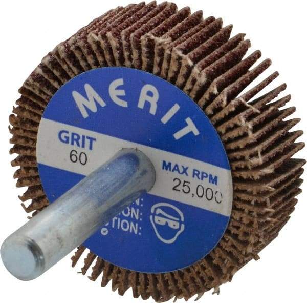 Merit Abrasives - 1-1/2" Diam x 1/2" Face Width, Medium Ceramic Alumina Coated Mounted Flap Wheel - 1/4" Shank Mount, 60 Grit, Cloth Backing, 25,000 Max RPM - Industrial Tool & Supply