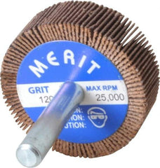 Merit Abrasives - 1-1/2" Diam x 1/2" Face Width, Fine Ceramic Alumina Coated Mounted Flap Wheel - 1/4" Shank Mount, 120 Grit, Cloth Backing, 25,000 Max RPM - Industrial Tool & Supply