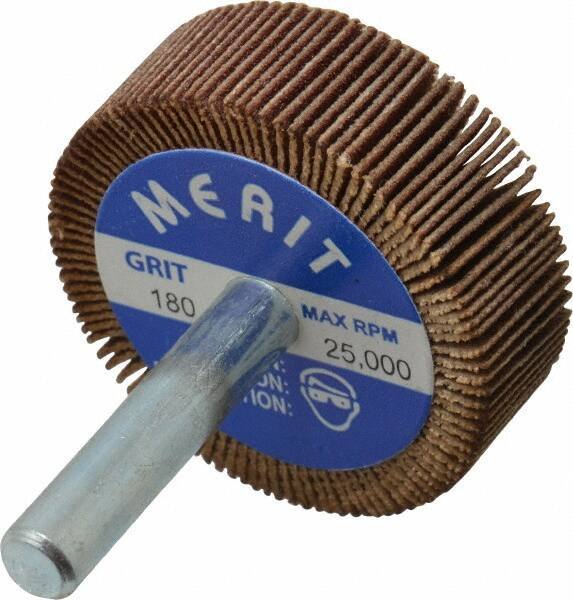 Merit Abrasives - 1-1/2" Diam x 1/2" Face Width, Very Fine Ceramic Alumina Coated Mounted Flap Wheel - 1/4" Shank Mount, 180 Grit, Cloth Backing, 25,000 Max RPM - Industrial Tool & Supply