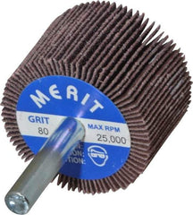 Merit Abrasives - 1-1/2" Diam x 1" Face Width, Medium Ceramic Alumina Coated Mounted Flap Wheel - 1/4" Shank Mount, 80 Grit, Cloth Backing, 25,000 Max RPM - Industrial Tool & Supply