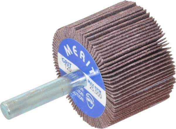Merit Abrasives - 1-1/2" Diam x 1" Face Width, Fine Ceramic Alumina Coated Mounted Flap Wheel - 1/4" Shank Mount, 120 Grit, Cloth Backing, 25,000 Max RPM - Industrial Tool & Supply