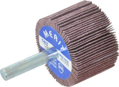 Merit Abrasives - 1-1/2" Diam x 1" Face Width, Fine Ceramic Alumina Coated Mounted Flap Wheel - 1/4" Shank Mount, 120 Grit, Cloth Backing, 25,000 Max RPM - Industrial Tool & Supply