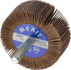 Merit Abrasives - 2" Diam x 3/4" Face Width, Fine Ceramic Alumina Coated Mounted Flap Wheel - 1/4" Shank Mount, 120 Grit, Cloth Backing, 25,000 Max RPM - Industrial Tool & Supply