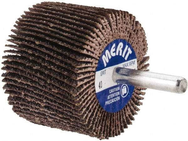 Merit Abrasives - 2" Diam x 1-1/2" Face Width, Coarse Aluminum Oxide Coated Mounted Flap Wheel - 1/4" Shank Mount, 40 Grit, Cloth Backing, 25,000 Max RPM - Industrial Tool & Supply
