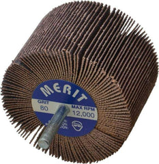 Merit Abrasives - 3" Diam x 2" Face Width, Medium Ceramic Alumina Coated Mounted Flap Wheel - 1/4" Shank Mount, 80 Grit, Cloth Backing, 20,000 Max RPM - Industrial Tool & Supply