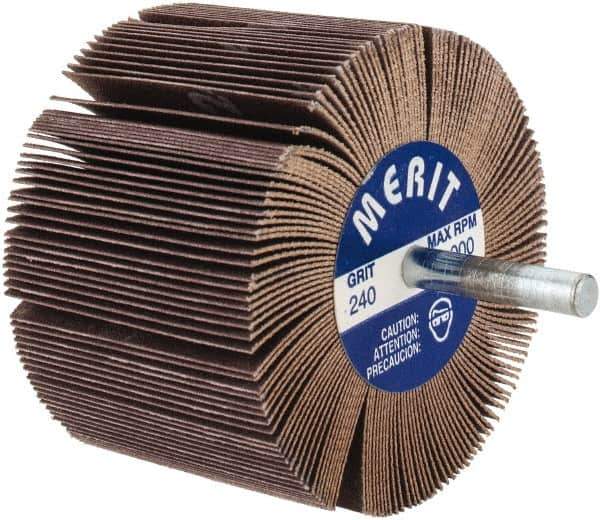 Merit Abrasives - 3" Diam x 2" Face Width, Very Fine Ceramic Alumina Coated Mounted Flap Wheel - 1/4" Shank Mount, 240 Grit, 20,000 Max RPM - Industrial Tool & Supply