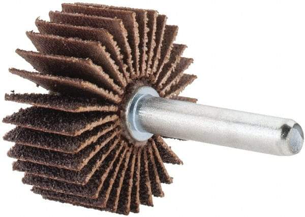 Merit Abrasives - 1-3/8" Diam x 5/8" Face Width, Medium Aluminum Oxide Coated Mounted Flap Wheel - 1/4" Shank Mount, 60 Grit, Cloth Backing, 30,000 Max RPM - Industrial Tool & Supply