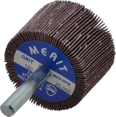 Merit Abrasives - 1-1/2" Diam x 1" Face Width, Very Fine Ceramic Alumina Coated Mounted Flap Wheel - 1/4" Shank Mount, 180 Grit, Cloth Backing, 25,000 Max RPM - Industrial Tool & Supply