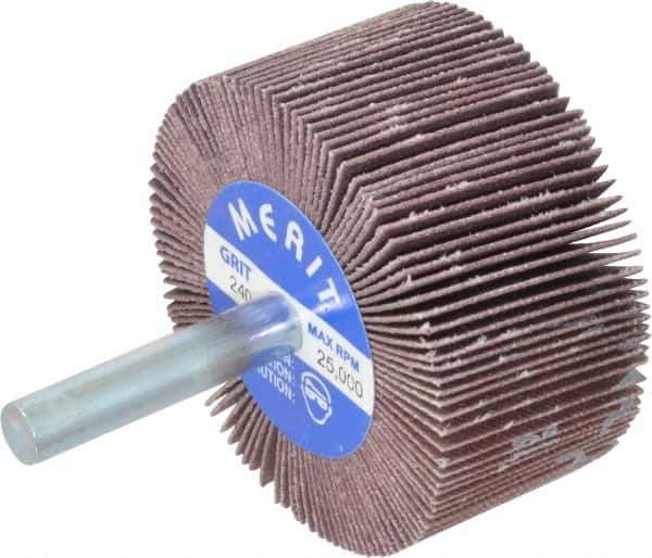 Merit Abrasives - 2" Diam x 1" Face Width, Very Fine Ceramic Alumina Coated Mounted Flap Wheel - 1/4" Shank Mount, 240 Grit, Cloth Backing, 25,000 Max RPM - Industrial Tool & Supply