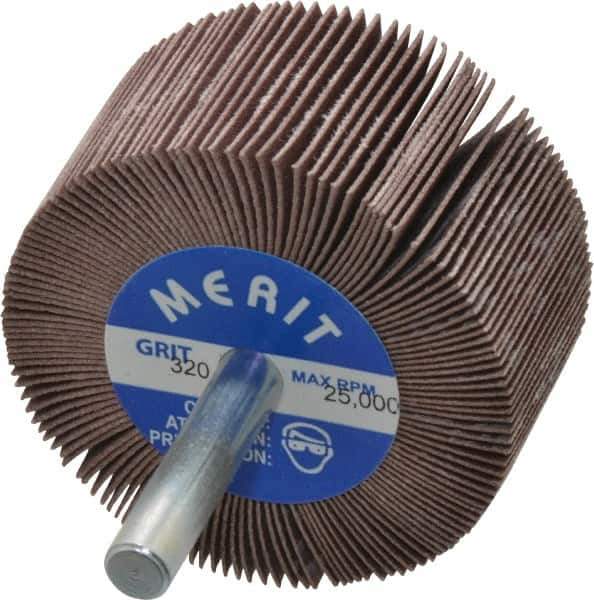 Merit Abrasives - 2" Diam x 1" Face Width, Extra Fine Ceramic Alumina Coated Mounted Flap Wheel - 1/4" Shank Mount, 320 Grit, Cloth Backing, 25,000 Max RPM - Industrial Tool & Supply