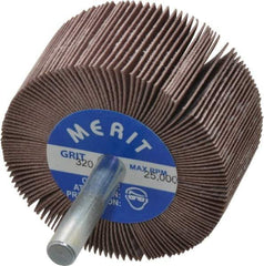 Merit Abrasives - 2" Diam x 1" Face Width, Extra Fine Ceramic Alumina Coated Mounted Flap Wheel - 1/4" Shank Mount, 320 Grit, Cloth Backing, 25,000 Max RPM - Industrial Tool & Supply