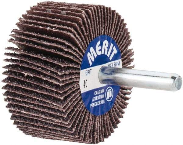 Merit Abrasives - 2" Diam x 1" Face Width, Coarse Aluminum Oxide Coated Mounted Flap Wheel - 1/4" Shank Mount, 40 Grit, Cloth Backing, 25,000 Max RPM - Industrial Tool & Supply