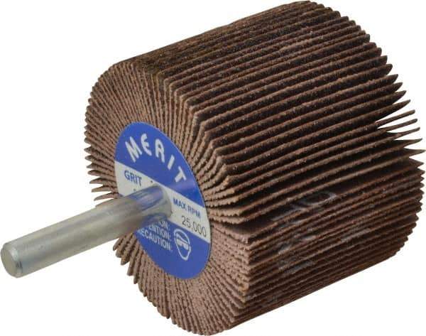 Merit Abrasives - 2" Diam x 1-1/2" Face Width, Medium Ceramic Alumina Coated Mounted Flap Wheel - 1/4" Shank Mount, 80 Grit, Cloth Backing, 25,000 Max RPM - Industrial Tool & Supply