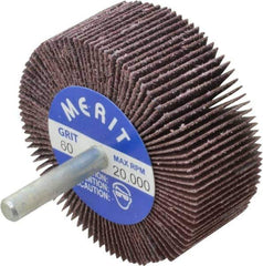 Merit Abrasives - 2-1/2" Diam x 1" Face Width, Medium Ceramic Alumina Coated Mounted Flap Wheel - 1/4" Shank Mount, 60 Grit, Cloth Backing, 20,000 Max RPM - Industrial Tool & Supply