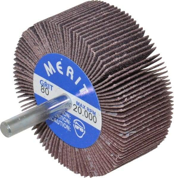 Merit Abrasives - 2-1/2" Diam x 1" Face Width, Medium Ceramic Alumina Coated Mounted Flap Wheel - 1/4" Shank Mount, 80 Grit, Cloth Backing, 20,000 Max RPM - Industrial Tool & Supply