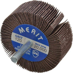 Merit Abrasives - 2-1/2" Diam x 1" Face Width, Fine Ceramic Alumina Coated Mounted Flap Wheel - 1/4" Shank Mount, 120 Grit, Cloth Backing, 20,000 Max RPM - Industrial Tool & Supply