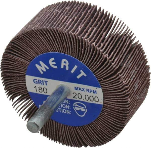 Merit Abrasives - 2-1/2" Diam x 1" Face Width, Very Fine Ceramic Alumina Coated Mounted Flap Wheel - 1/4" Shank Mount, 180 Grit, Cloth Backing, 20,000 Max RPM - Industrial Tool & Supply