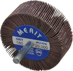 Merit Abrasives - 2-1/2" Diam x 1" Face Width, Very Fine Ceramic Alumina Coated Mounted Flap Wheel - 1/4" Shank Mount, 180 Grit, Cloth Backing, 20,000 Max RPM - Industrial Tool & Supply