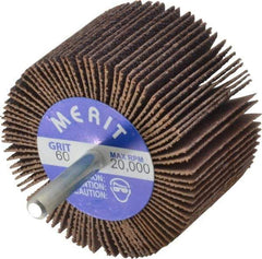 Merit Abrasives - 2-1/2" Diam x 1-1/2" Face Width, Medium Ceramic Alumina Coated Mounted Flap Wheel - 1/4" Shank Mount, 60 Grit, Cloth Backing, 20,000 Max RPM - Industrial Tool & Supply