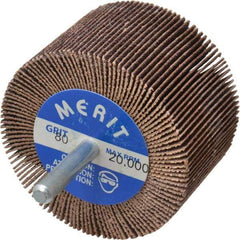 Merit Abrasives - 2-1/2" Diam x 1-1/2" Face Width, Medium Ceramic Alumina Coated Mounted Flap Wheel - 1/4" Shank Mount, 80 Grit, Cloth Backing, 20,000 Max RPM - Industrial Tool & Supply