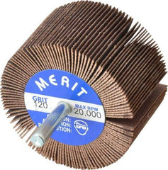 Merit Abrasives - 2-1/2" Diam x 1-1/2" Face Width, Fine Ceramic Alumina Coated Mounted Flap Wheel - 1/4" Shank Mount, 120 Grit, Cloth Backing, 20,000 Max RPM - Industrial Tool & Supply